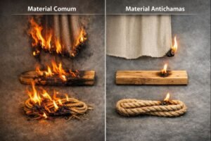 Comparação entre material comum e material antichamas após ignifugação, mostrando a redução da propagação do fogo em tecidos, madeira e fibras naturais conforme exigências do AVCB e CMAR