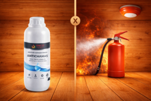 Comparação visual entre proteção passiva e proteção ativa contra incêndio mostrando ignifugação e materiais antichamas de um lado e extintor, hidrantes e alarme de incêndio do outro