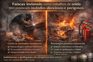 Trabalho de solda gerando faíscas que causam incêndio em materiais inflamáveis ao lado, com comparação visual mostrando riscos e medidas de prevenção passiva com antichamas e ignifugação