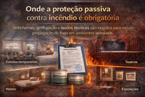 Infográfico mostrando onde a proteção passiva contra incêndio é obrigatória, destacando o uso de antichamas, ignifugação e laudo de ignifugação em ambientes como hotéis, eventos, teatros e exposições para atender requisitos de CMAR e AVCB.