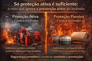 Comparação entre proteção ativa e proteção passiva contra incêndio mostrando que sistemas como extintores e sprinklers combatem o fogo enquanto materiais antichamas e ignifugação reduzem a propagação das chamas e ajudam na obtenção de CMAR e AVCB.